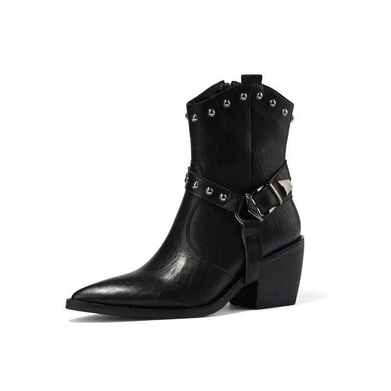 

Cowgirl western boots cowboy shoes women pointed toe chunky ankle boots 2020 winter warm short plush high heels booties size 41