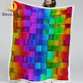 BlessLiving Blocks Sherpa Blanket Colorful Soft Bedspread Building Brick Throw Blanket Geometric Thin Quilt Realistic Home Decor 1