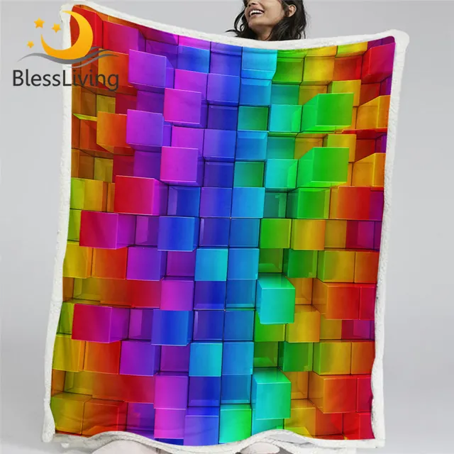 BlessLiving Blocks Sherpa Blanket Colorful Soft Bedspread Building Brick Throw Blanket Geometric Thin Quilt Realistic Home Decor 1