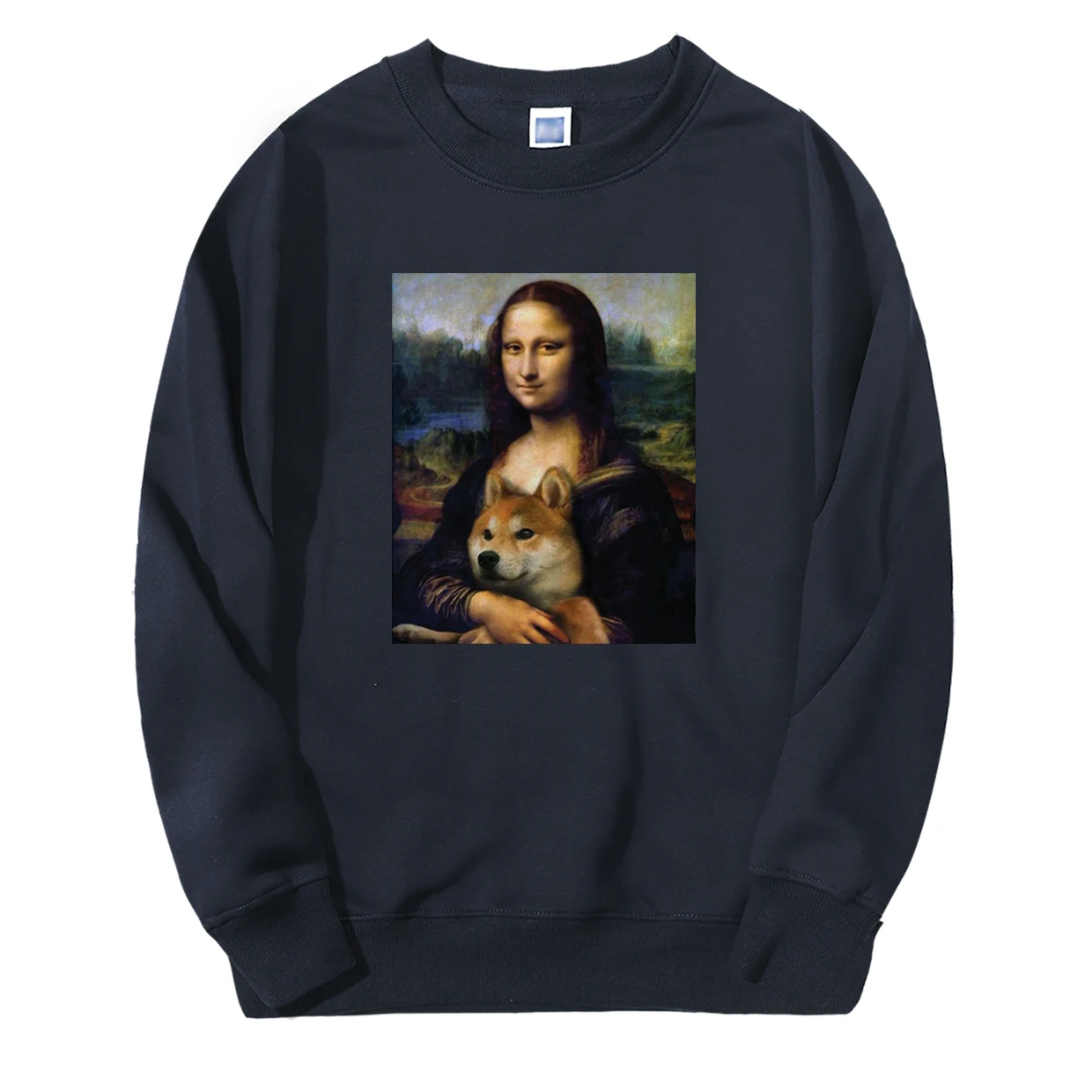 Мужская Флисовая Толстовка с капюшоном темно-синяя принтом Моны Лизы Шиба-ину