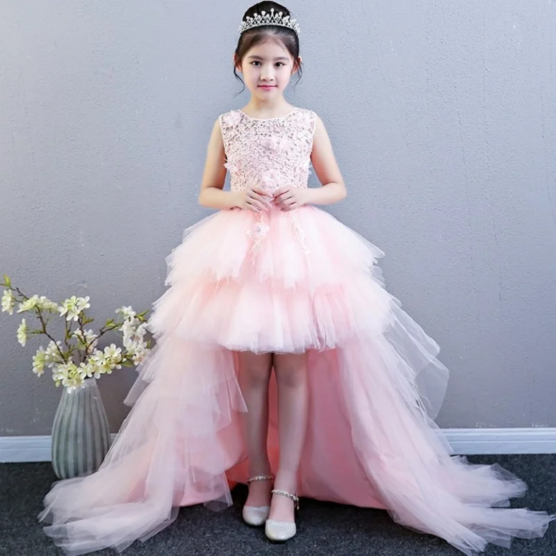 

2021 Princess Dress Gorgeous Children Girls Fluffy Dress Evening Party Ceremony Model Catwalk Host Long Tail Dress Kids Birthday