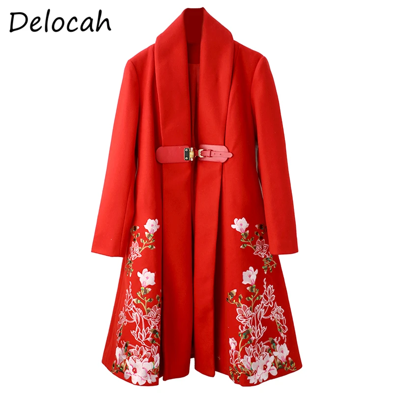 

Delocah Women Autumn Fashion DesignerLong Blends Coat Sashes Embroidery Pockets Long Sleeve Bodycon Ladies A-Line Dresses 2021