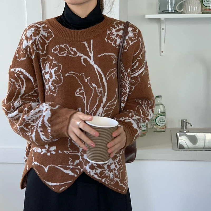 

Women Winter Korean Retro Loose Squandering Round Neck Sweater One Size