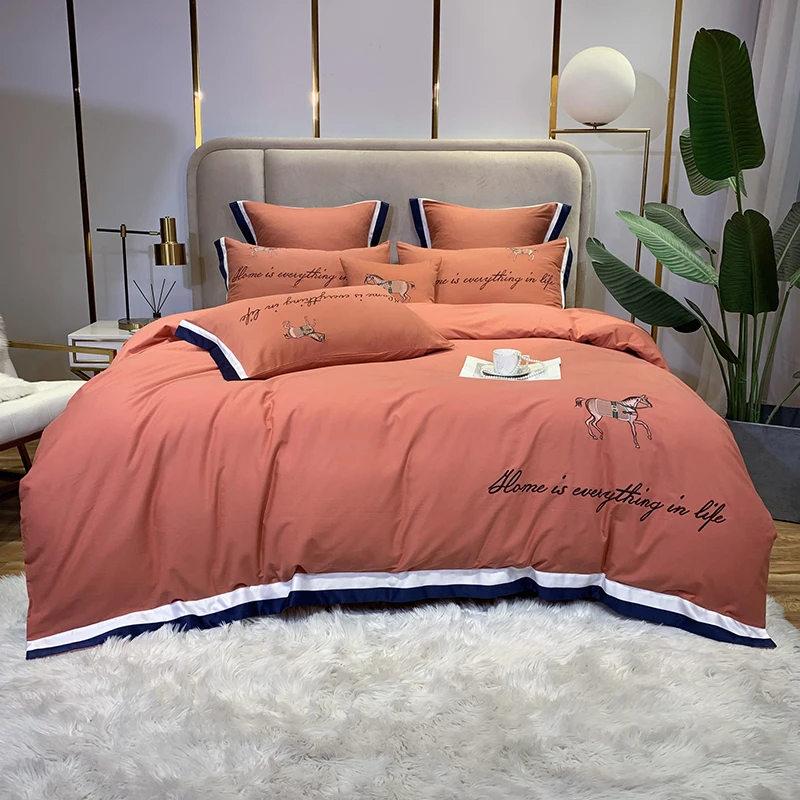 

New Luxury 100% Cotton Satin Sanding Bedding Set Europe Horse Embroidery Duvet Cover Flat/Fitted Sheet Pillowcases Home Textiles