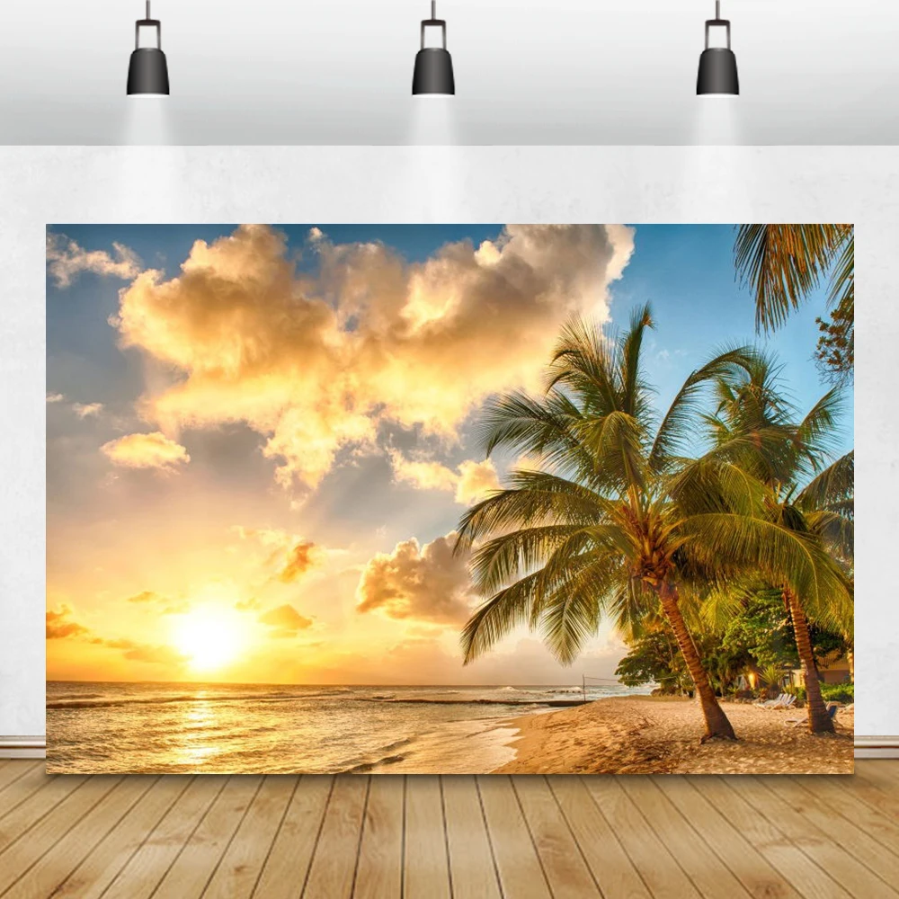 

Natural Scene Summer Holiday Seaside Beach Sunset Palms Tree Cloud Photography Background Photographic Backdrop For Photo Studio