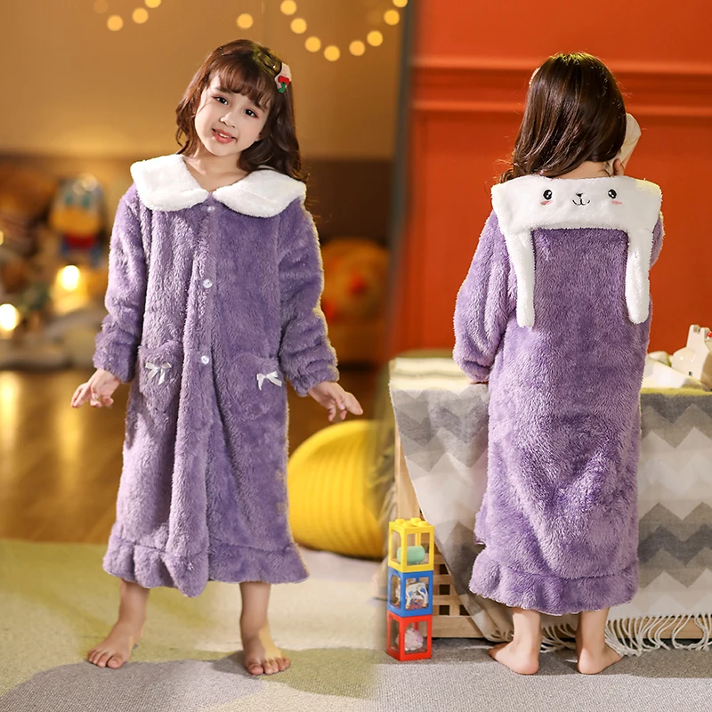 

Girls Robes Nightgown Purple Pink Princess Kawaii Rabbit Ears Pocket Girls Homewear Korean Fashion Kids Sleepshirts Nightdress