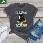 Забавные женские рубашки с черным котом, 100 хлопковые футболки с графическим рисунком I'm A vegand A Cat Lover, Винтажная футболка для девочек и мальчиков, мужские топы унисекс