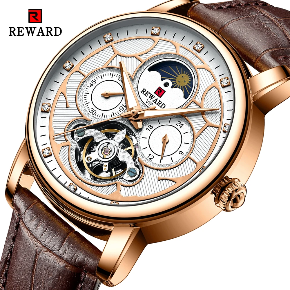 

New REWARD Mens Watches Luxury Automatic Mechanical Watch Waterproof Men Leather Business Wristwatch With Box relogio masculino