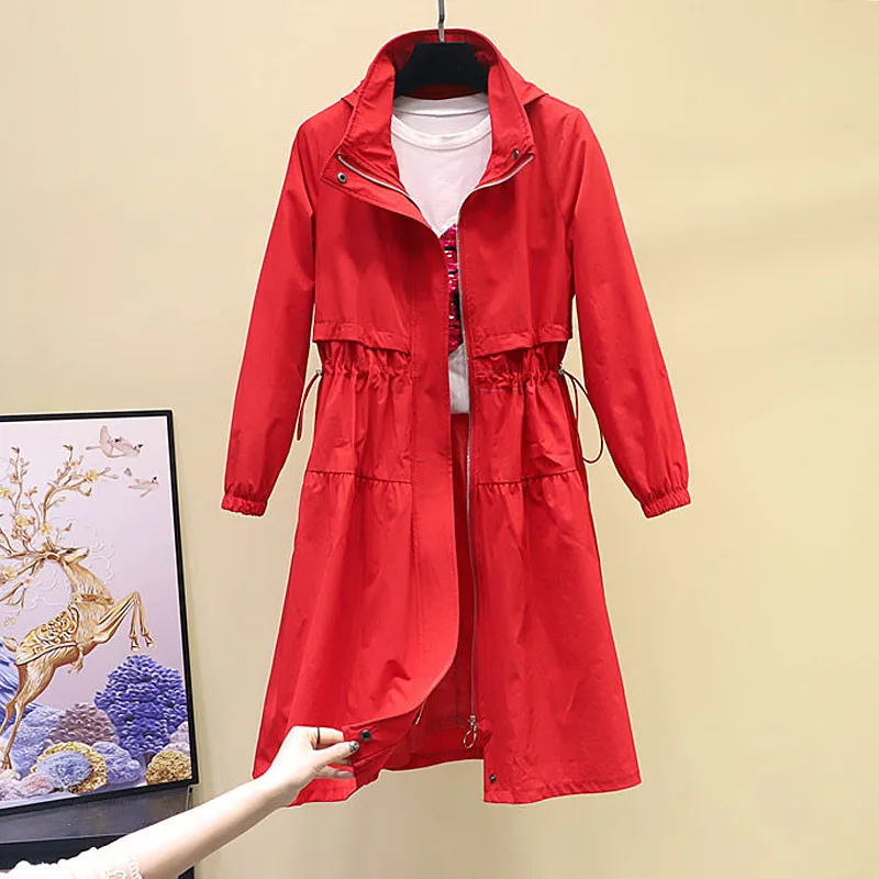 

Long Red Windbreaker For Women's Spring Autumn 2020 New Korean Loose Leisure Over The Knee Thin Section Hooded Trench Coat Y06