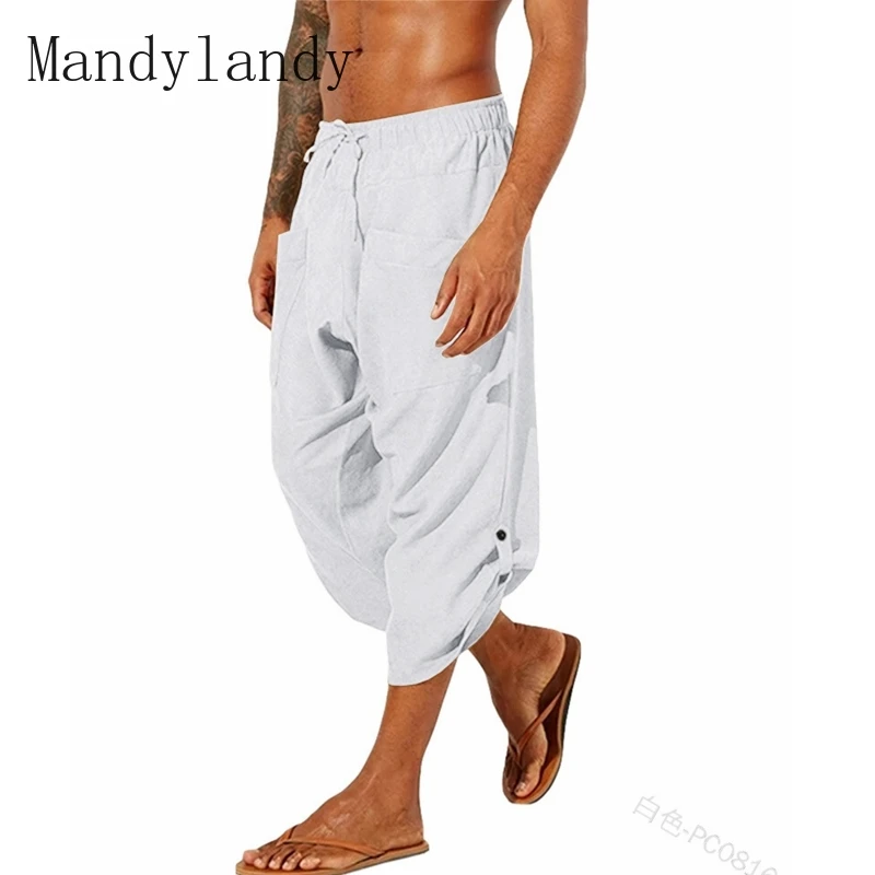 

Mandylandy Calf Length Pants Summer Casual Lace-up Mid-Waist Straight-Leg Pants Men's Fashion Solid Color Loose Pockets Pants