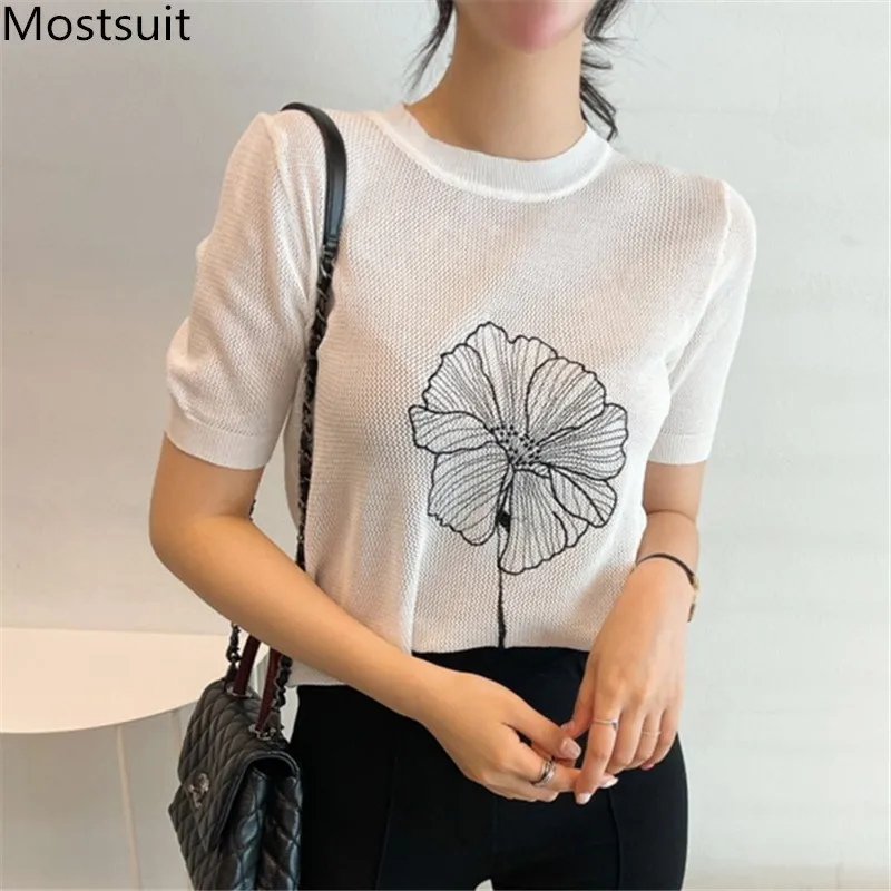 

Цветочной вышивкой вязаный пуловер Топы Женская Летняя обувь с коротким рукавом О-образный вырез Трикотаж Свитер в Корейском стиле Модные ...