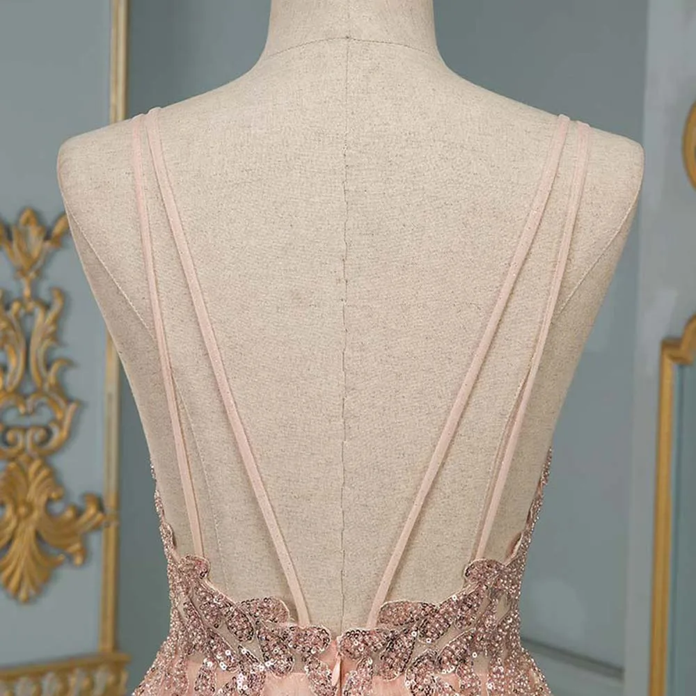 

Sparkly Pink Beading Long Prom Dresses Spaghetti Straps Tulle Sequined Backless Sexy Party Gown