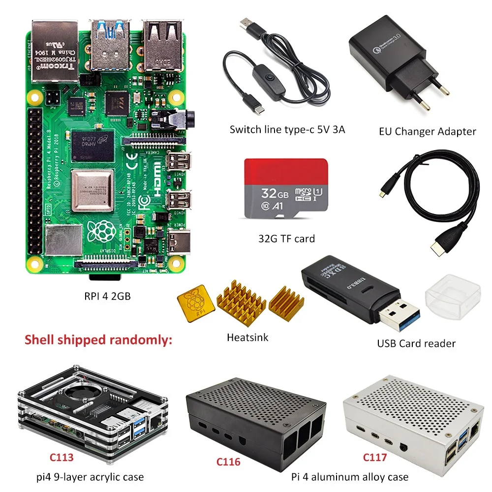 Raspberry Pi 4 B 2GB/4GB комплект 3 вида чехол + адаптер питания ЕС линия переключения 16GB / 32GB