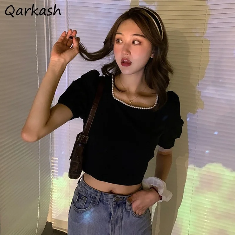 

Blouse Women Simple Beading Sweet Maiden Black Puff Sleeve Retro Crop Top Square Collar All-match Street Princess Kawaii Korean