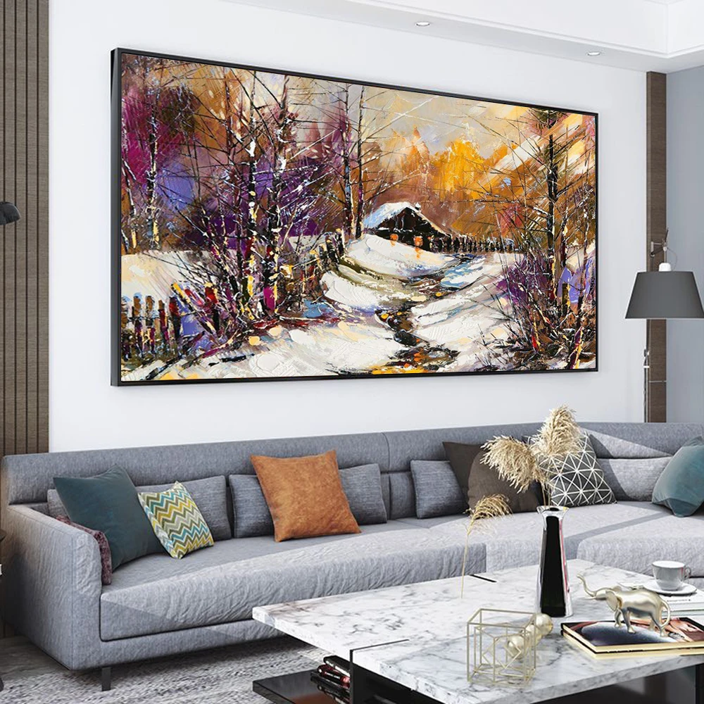 

Abstract landscape oil painting iron cable bridge and winter forest canvas painting living room corridor home decoration murals