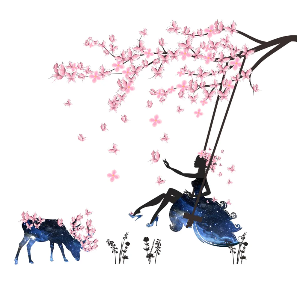 Романтические настенные стикеры в виде сказочных цветов с качели для детской