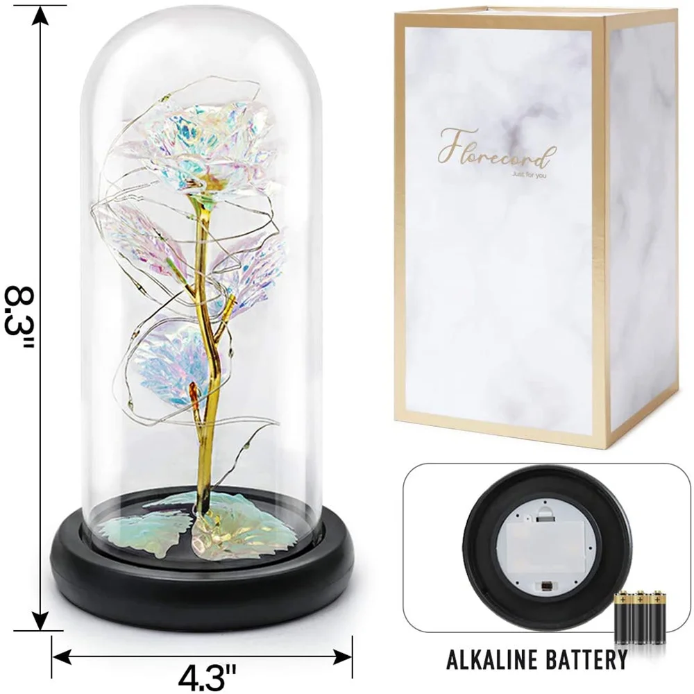 

Beauty and The Beast Gold Foil Galaxy Rose Flower Light Artificial Flowers In Glass Dome Enchanted Led String Crystal Rose Lamp