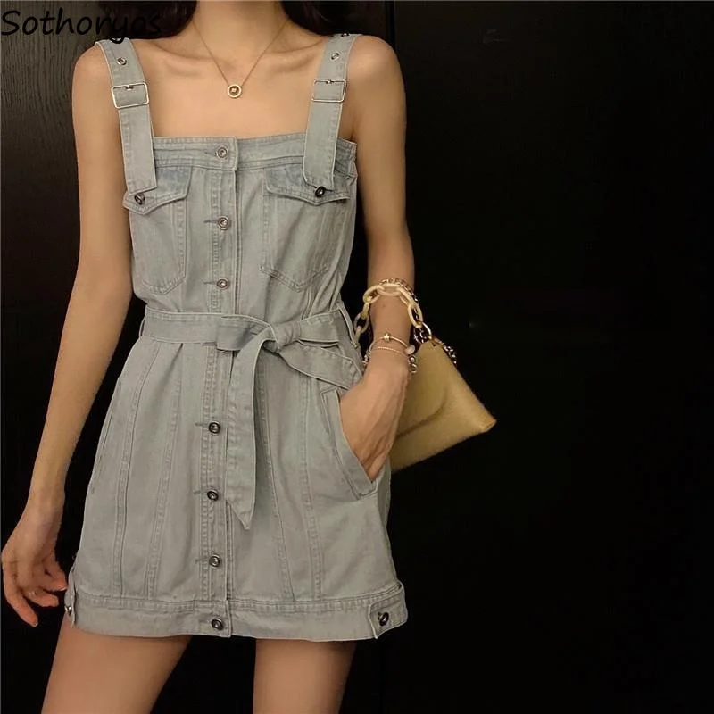

Sleeveless Dress Women Denim Fashion Chic Leisure Retro Vintage Single Breasted Spliced Streetwear Students Cool Solid Simple