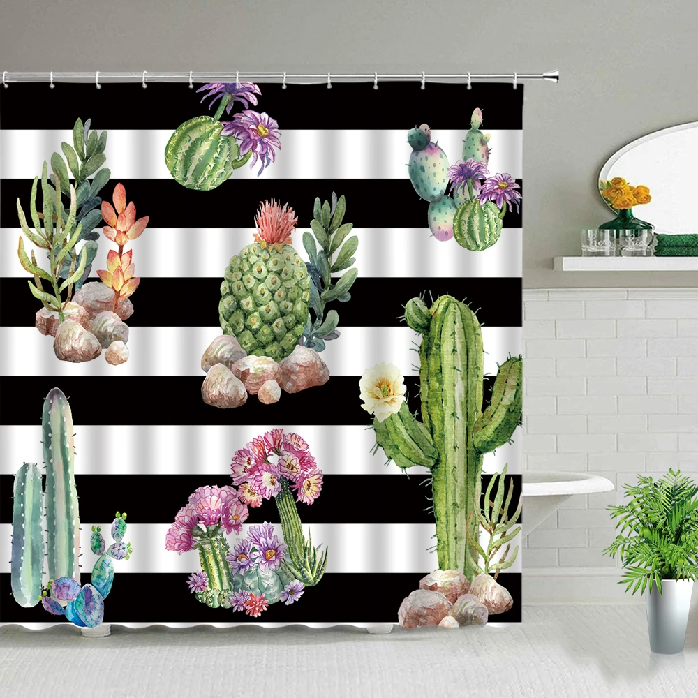 Занавеска для душа с тропическими зелеными растениями кактусами цветами