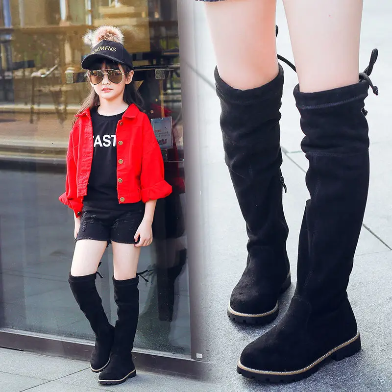 Высокие сапоги для девочек детей модные теплые до колена детские высокие