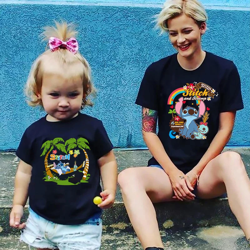 

Kawaii Style Family Matching Outfits Clothes Fashion Women Mom Baby Short Sleeve T-shirt Lilo Stitch Cartoon Casual Holiday Tops