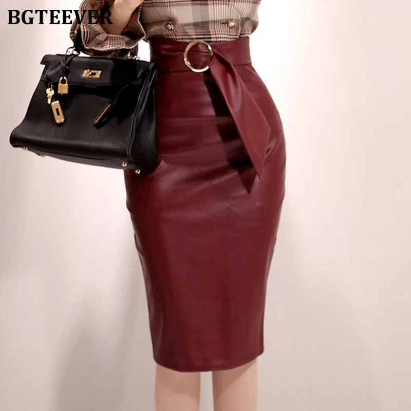 wine red BGTEEVER, зимние женские юбки из искусственной кожи, модные Универсальные юбки с высокой талией и поясом, посылка, юбки-карандаш на молнии сзади - Цвет: wine red