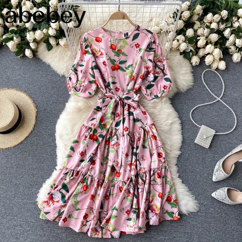 

Women French Floral Dress Sweet Puff Sleeve O Neck A-line Dresses Summer Bohemian Print Casual Vacation Split Dress