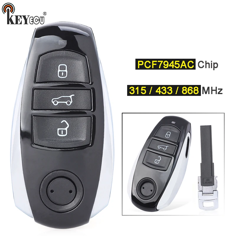 KEYECU 315/ 433/ 868MHz PCF7945AC Chip 3 Button Replacement Smart Card Remote Key Fob for Volkswagen Touareg 2010-2018