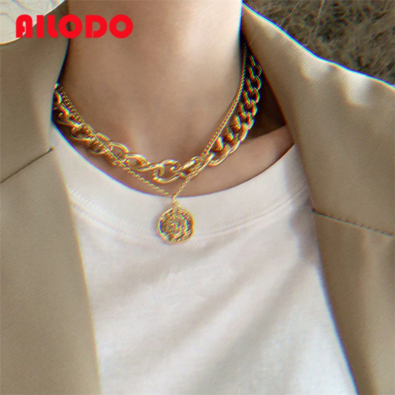 

Ailodo Vintage Coin Chain Pendant Necklace For Women Gold Silver Color Fashion Portrait Chunky Chain Necklace Statement Jewelry