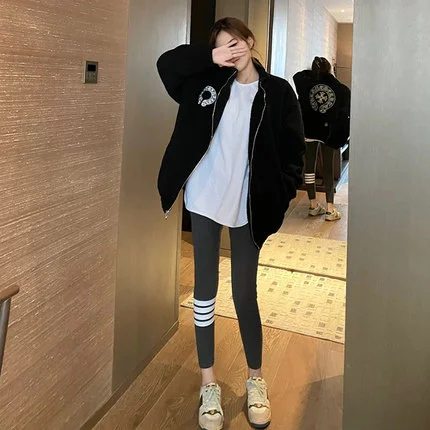 

Модные серые весенне-осенние леггинсы 2021 с четырьмя полосками, облегающие брюки, универсальные облегающие брюки