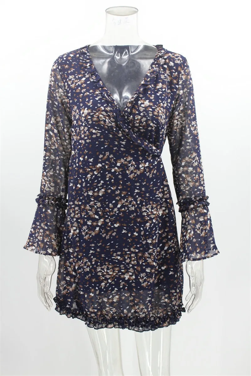 

Raisevern Vintage Boho Mini Dress V Neck Sexy Dress Flare Full Sleeve Beach Style 2020 Spring New Dress