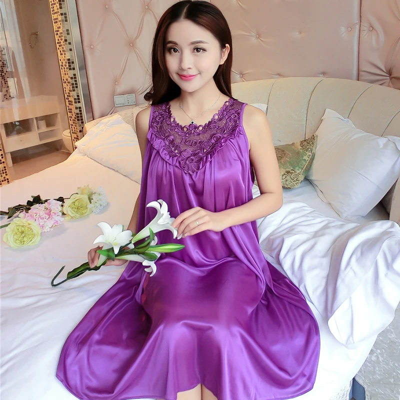 

Plus Size 4XL Women Sexy Ice Silk Satin Nightgown Sleepshirt Lace Nightdress V-Neck Sleeping Dress Summer Nightwear Sleepwear