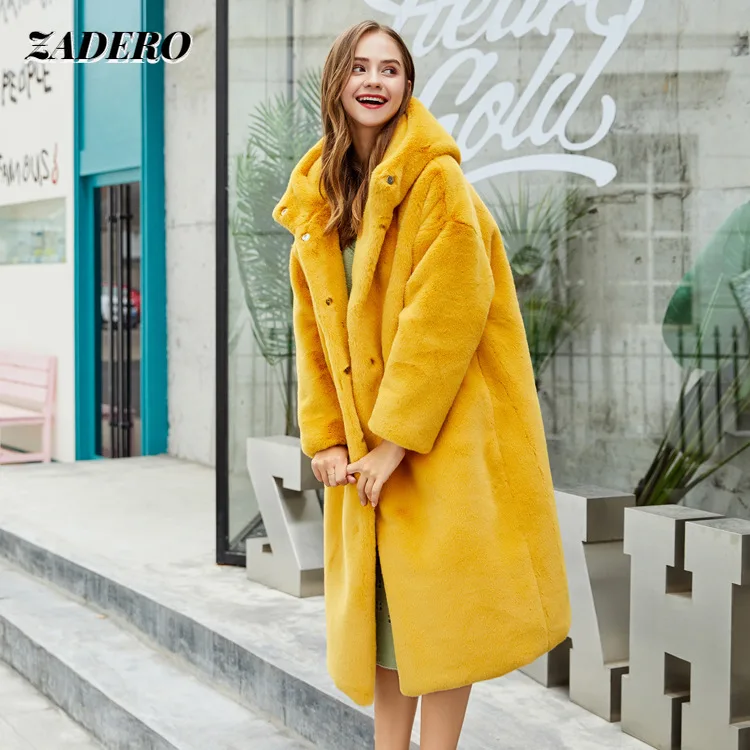 

Oversized Faux Rabbit Fur Hooded Coats Woman 2021 Winter Warm Thick Long Coat Casual Faux Fur Outwear Solid Elegant High Street