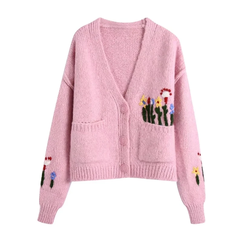 

Женский жаккардовый вязаный свитер с накладными карманами и цветочным принтом, Женский пуловер с длинным рукавом, повседневные женские сво...