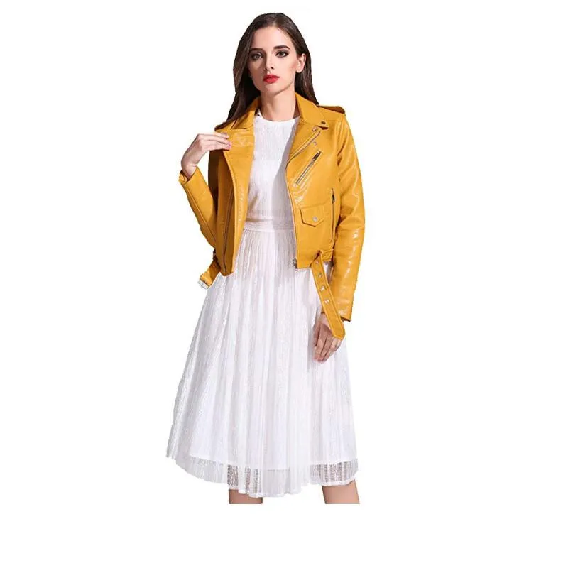 Женская мотоциклетная куртка из искусственной кожи облегающее короткое