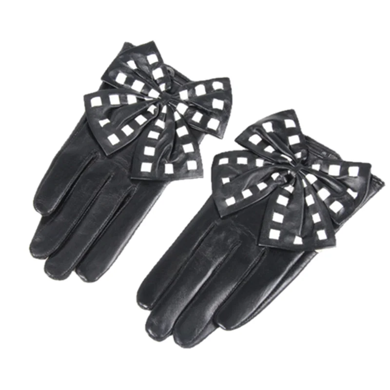 

Женские кожаные перчатки, варежки с большим бантом, короткие перчатки из натуральной овчины, теплые женские перчатки для вождения на осень и зиму