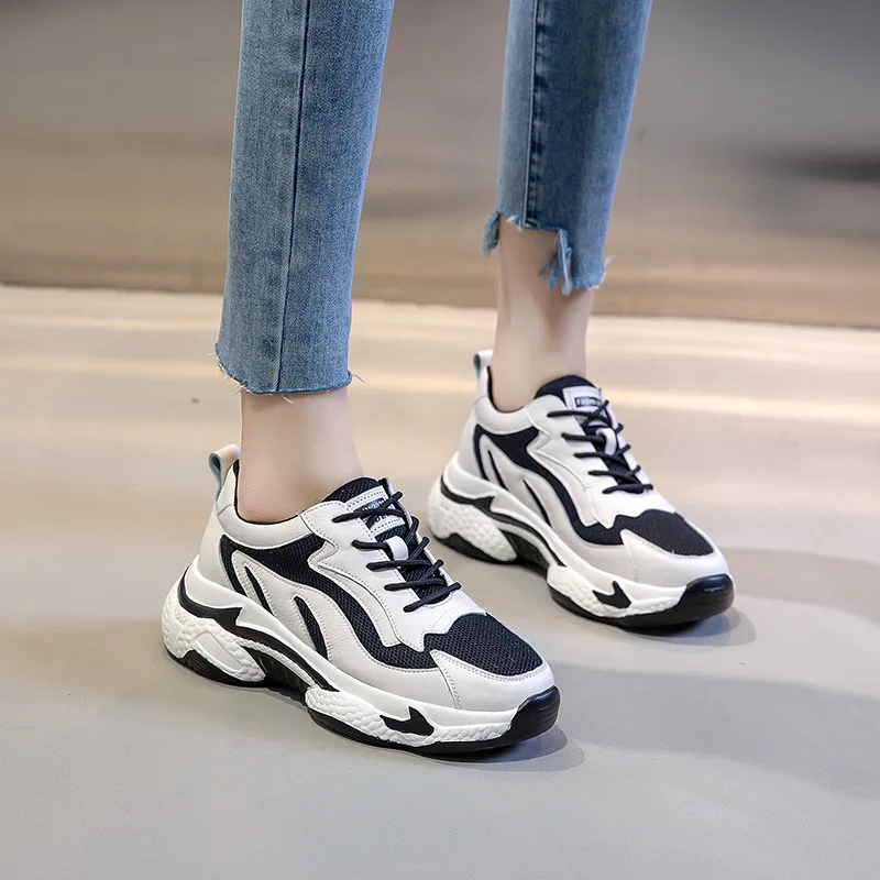 

Jookrrix 2020 Women Spring Female Comfortable Chunky Sneakers Lady Genuine Leather Shoes Women Increased Wedges Thick Sole Shoes