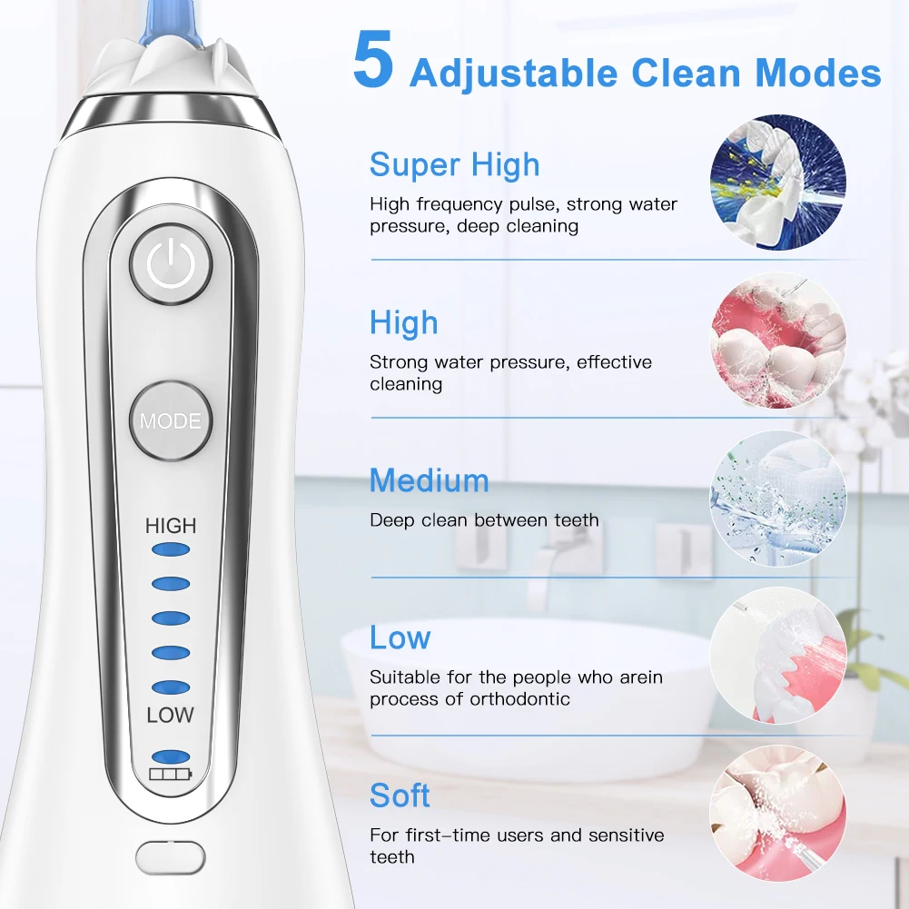 5 Modes Oral Irrigator USB Rechargeable Water Floss Portable Dental Flosser Jet 300ml Teeth Cleaner+8 | Бытовая техника
