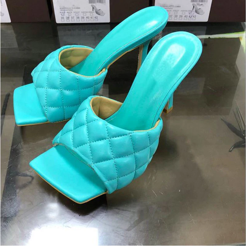 Женские шлепанцы из 100% натуральной кожи на высоком каблуке модные открытые