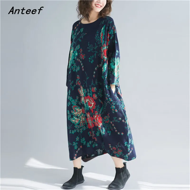 Женское винтажное платье из хлопка и льна с длинным рукавом повседневное