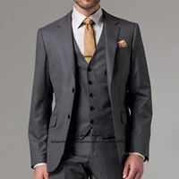 classic grey slim fit mens suits 3 piece jacket vest pants set party wedding groom tuxedo formal business blazer costume homme