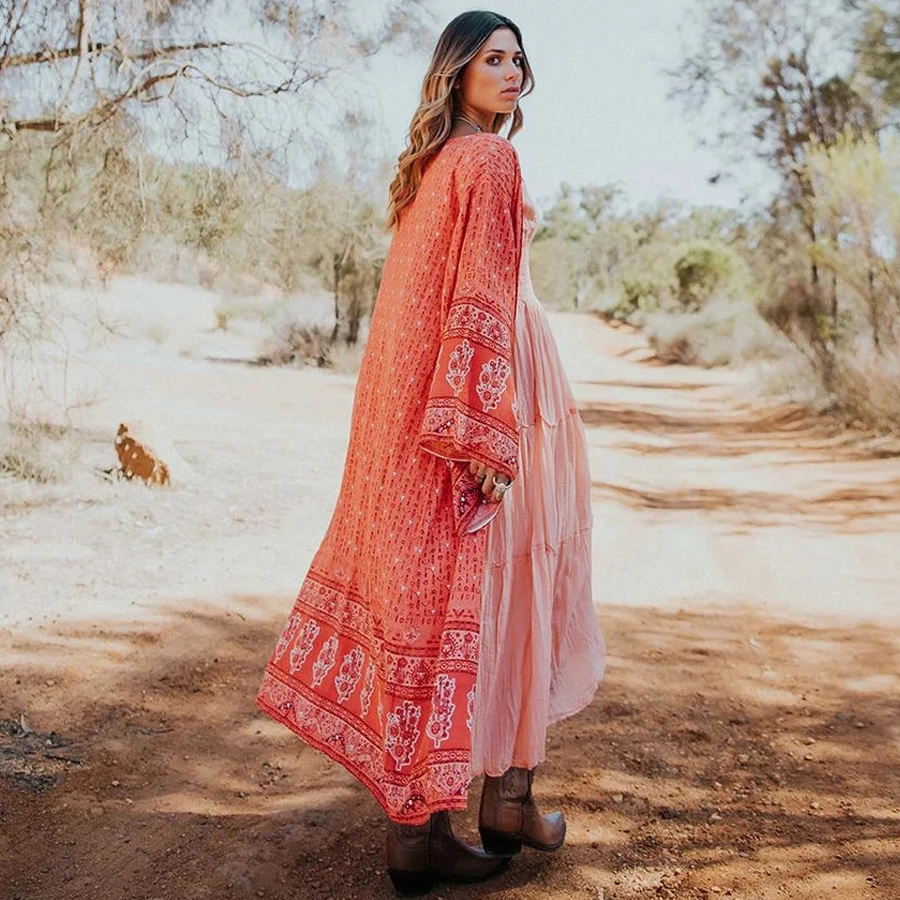 Длинная блузка TEELYNN в стиле бохо кафтан с фиолетовым цветочным принтом осенний