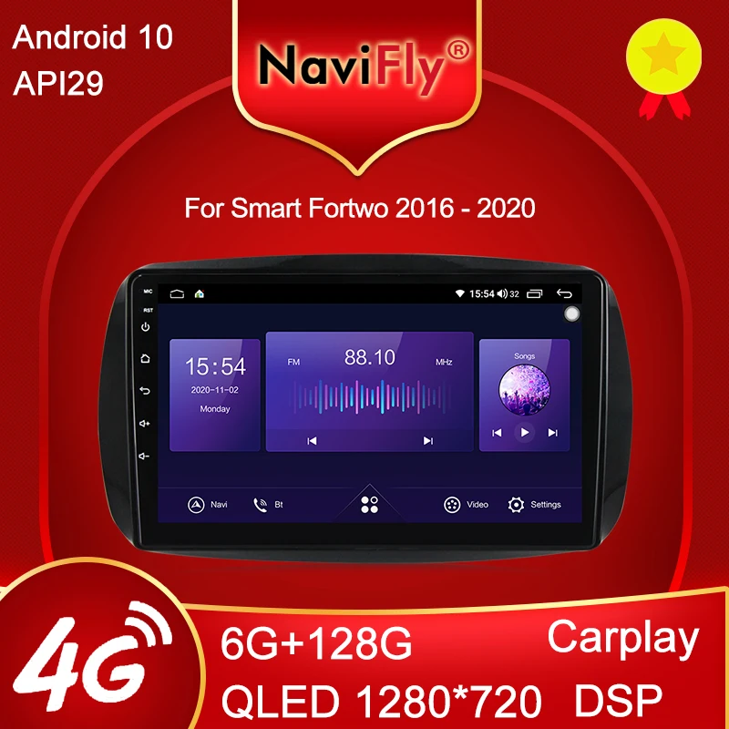 Автомобильный мультимедийный плеер NaviFly 6 ГБ + 128 Гб QLED 1280*720 Android 10 0 для Smart Fortwo 3 C453