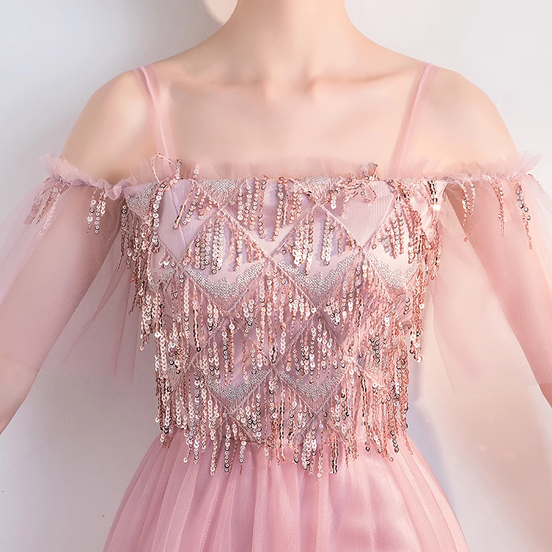 Розовое элегантное платье подружки невесты свадебное расшитое блестками тюль