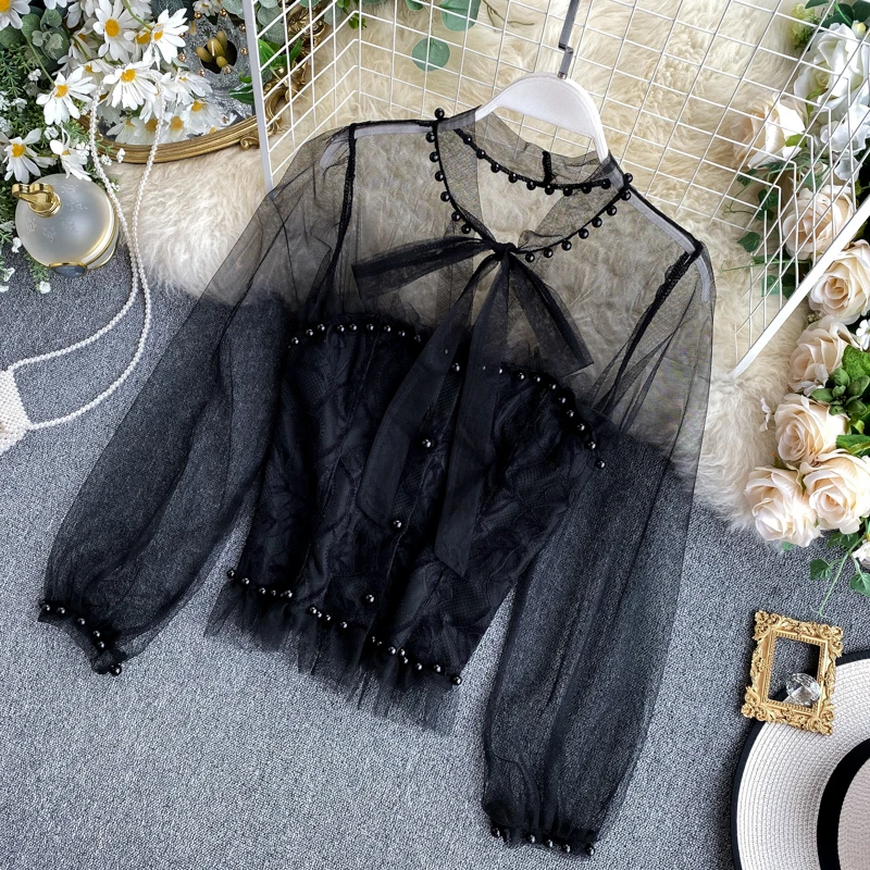 Women Elegant Lace Shirt New Pearl Bow Neck Mesh Perspective Long Sleeve Blouse Spring 2020 K899 | Женская одежда