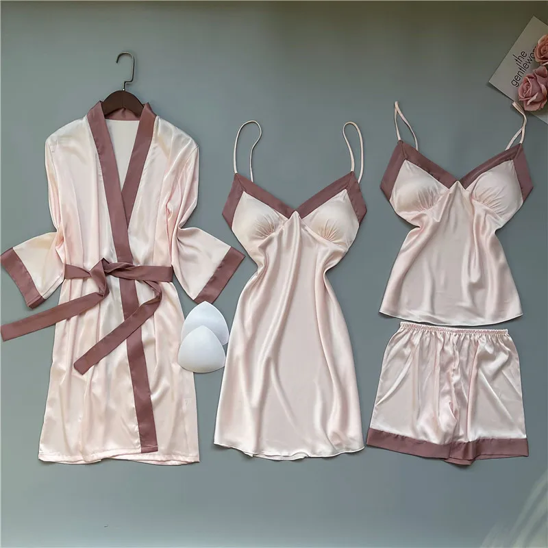 

Female Casual Faux Slik Pajamas Suit Spring Home Clothes Sexy Strap Top&Short Nightwear Sleep Sets Full Sleeve PJS Sleepwear