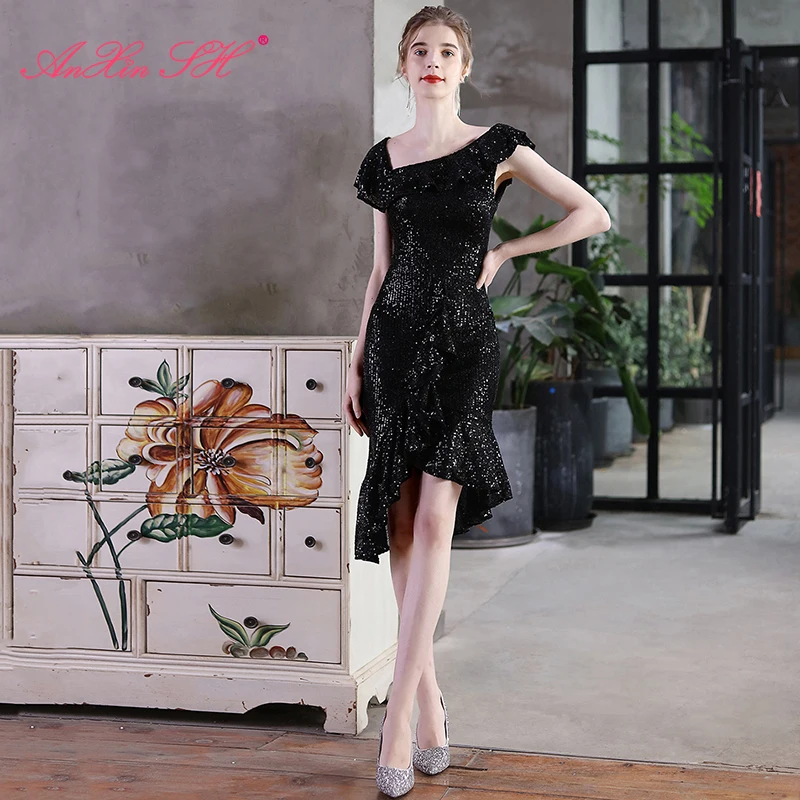 

AnXin SH vintage black short evening dress Party wine red boat neck short sleeve zipper evening dress little white dress 18671