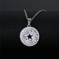 new round star pendant female stainless steel exquisite hip hop five pointed star ladies necklace clavicle chain jewelry