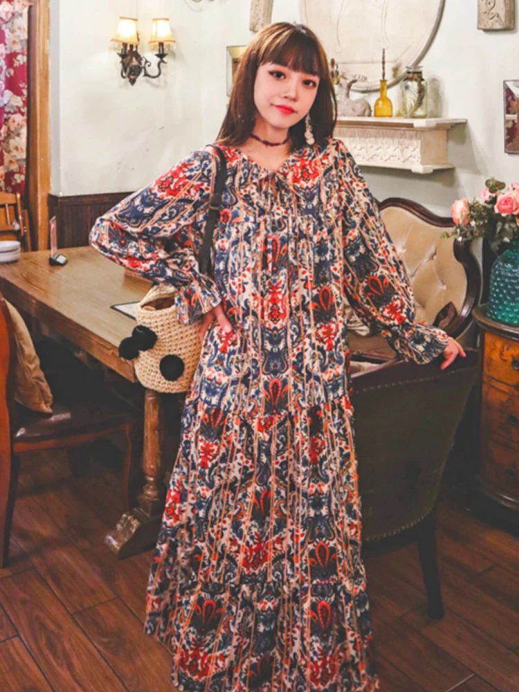 

Летнее платье в экзотическом стиле для путешествий и отдыха, свободное платье в корейском ретро-стиле с принтом сливы, длинное пляжное плат...