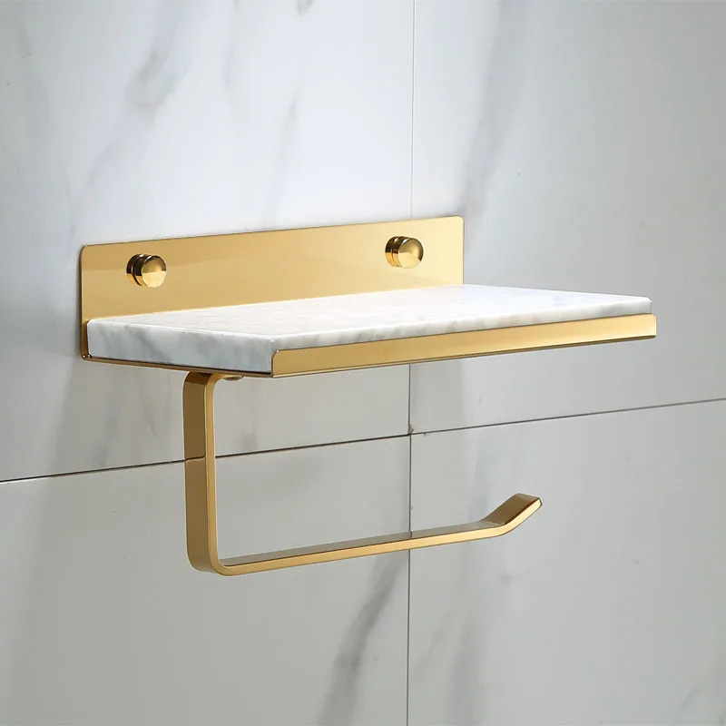 

Bathroom Tissue Rack Brass & Marble Toilet Paper Holder Phone Shelf Wall Mounted Nail Punched Bath Hardware Storage Rack Gold